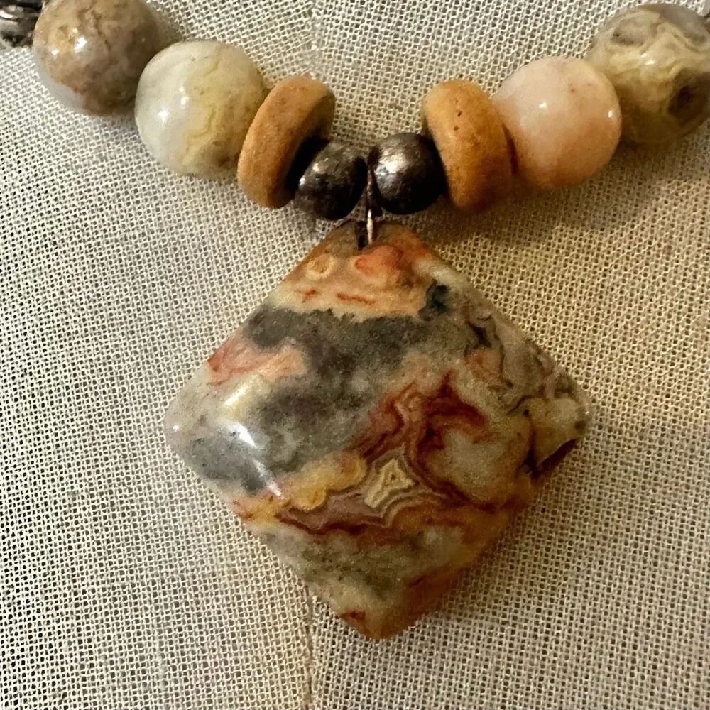 Crazy Lace Agate Pendant Necklace – Sterling Clasp, Natural Stone Beads - Picture 2 of 13
